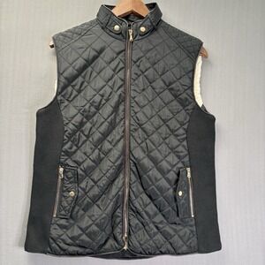 Ci Sono Womens Quilted Vest Size Medium Black Sherpa Lined Ribbed Sides Gold Zip